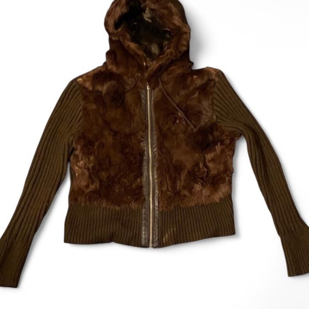 Brown Faux Fur and Knit Hoodie